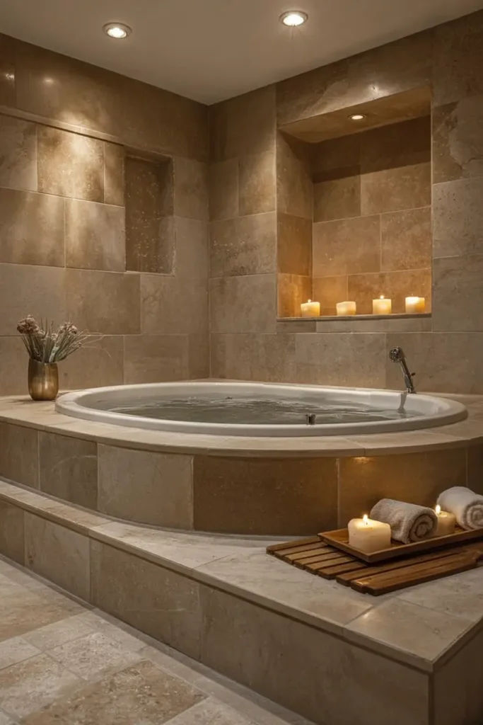 14. Travertine Temple Sunken Jacuzzi with Candle Glow