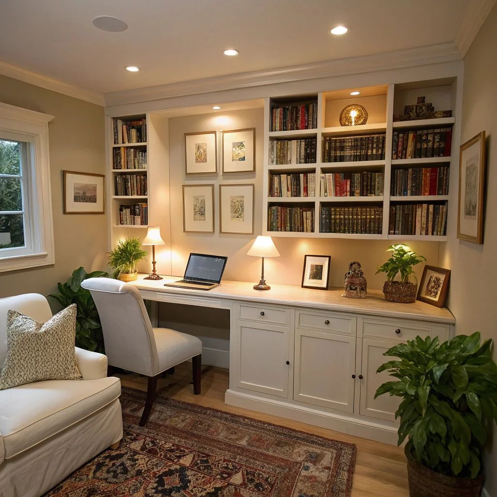 Cozy Traditional Home Office Nook with Bookshelves