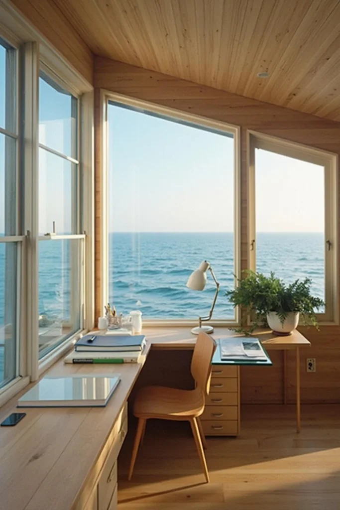 Cozy Traditional Home Office with Waterfront View