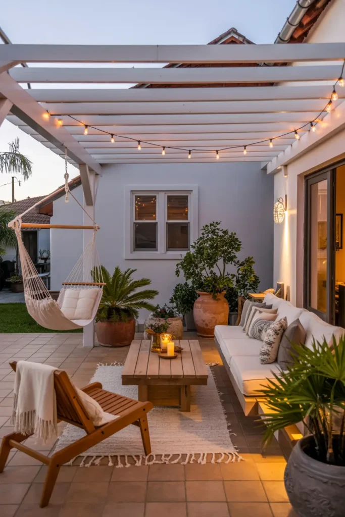 20 Dreamy Outdoor Escapes Cozy Patios and Pergola Ideas 37 15. Cozy Pergola Corner with Hammock Chair and Warm Lighting