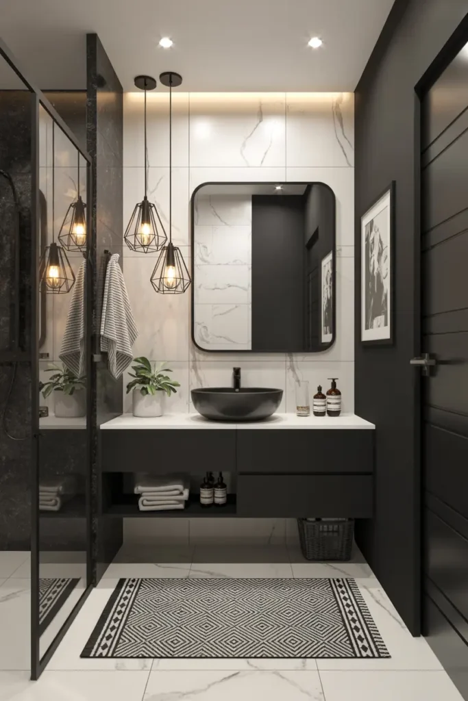 20 Dream Bathroom Designs to Refresh Your Interior 37 15. Monochrome Marble Pendant Glow