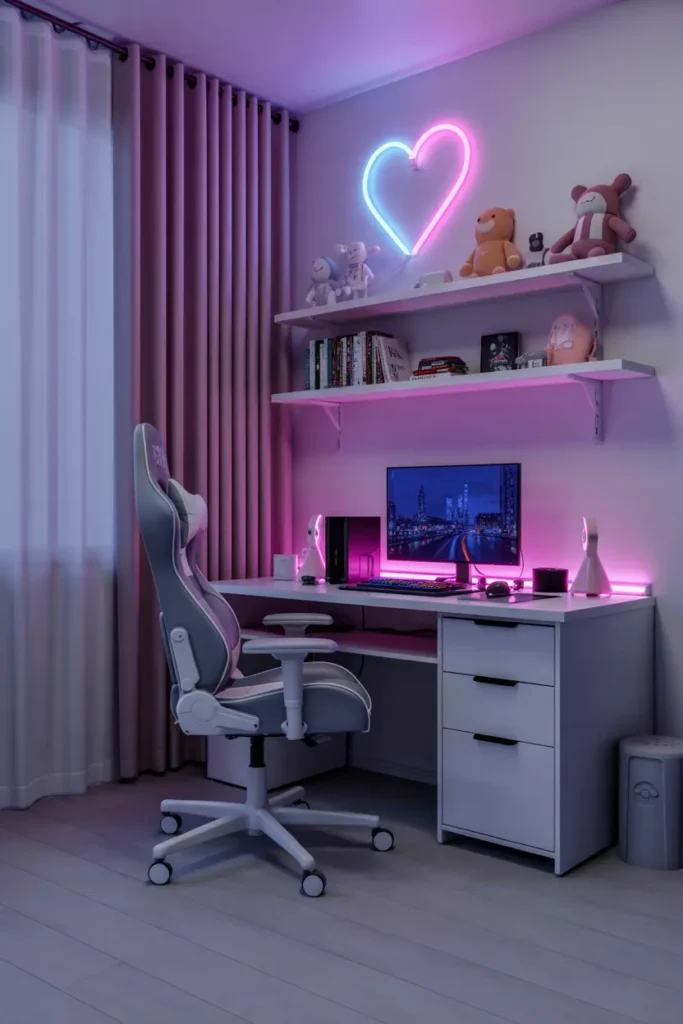 20 Budget Friendly Game Room Setup Ideas 37 15. Neon Heart Pink Gaming Desk Setup