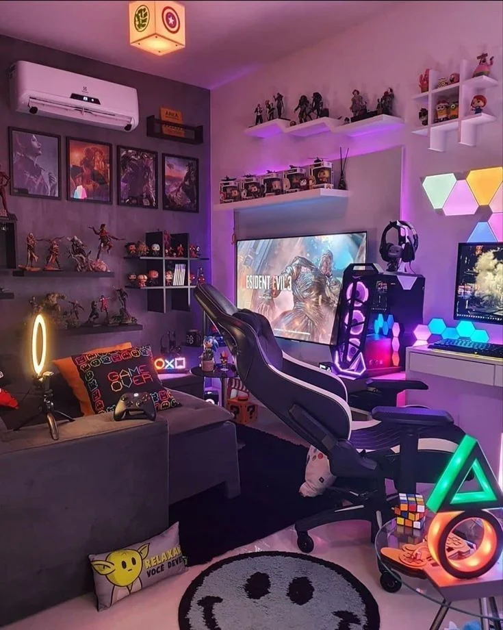 Vibrant Neon Gaming Desk Setup with Figurines