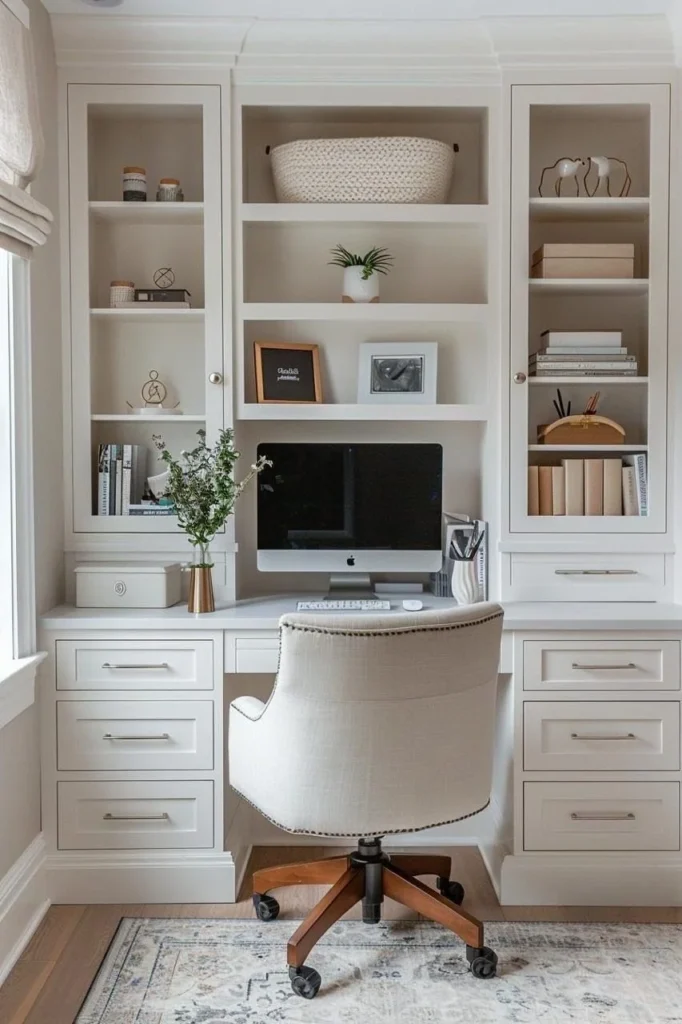 Serene Minimalist Home Office Nook with Built-in Shelves