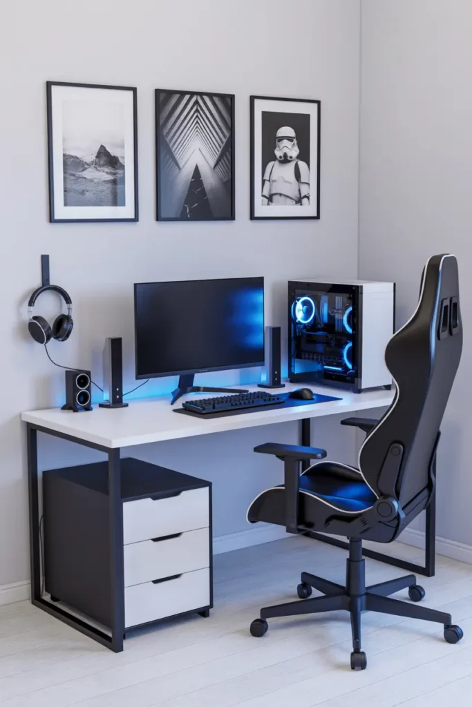 20 Budget Friendly Game Room Setup Ideas 39 16. Chic Minimalist Desk with Green Plant Decor