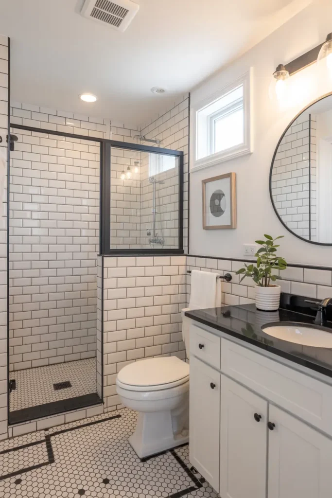 20 Dream Bathroom Designs to Refresh Your Interior 39 16. Classic Black White Subway Charm