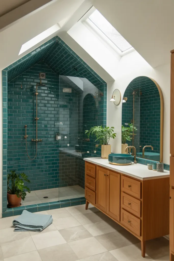 16. Teal Attic Skylight Shower Retreat