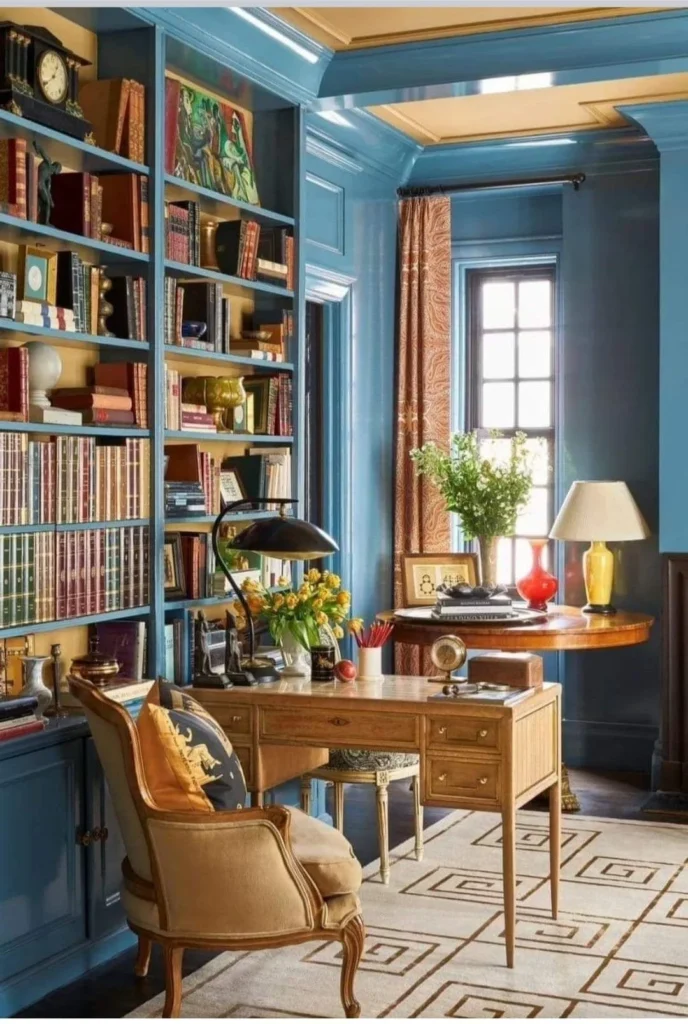 Teal Built-In Bookshelf Home Office Nook