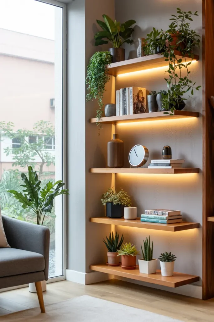 20 Cozy Modern Living Inspirations with Easy Living Room Ideas 41 17. Illuminated Plant Shelf Corner