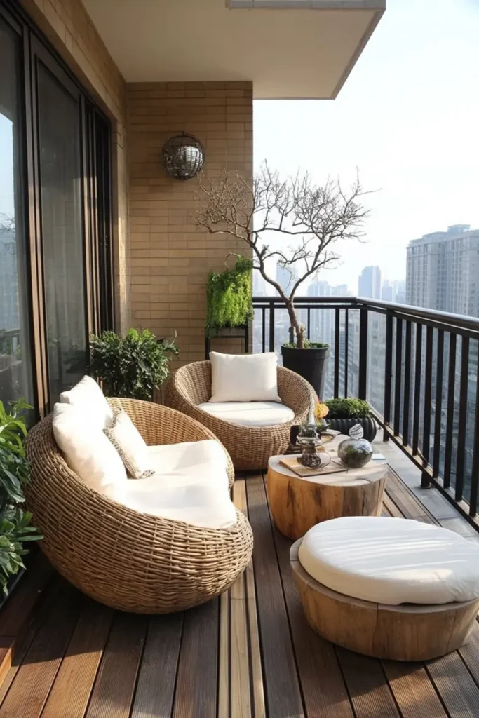 17. Minimalist Balcony with Wicker Pod Chairs