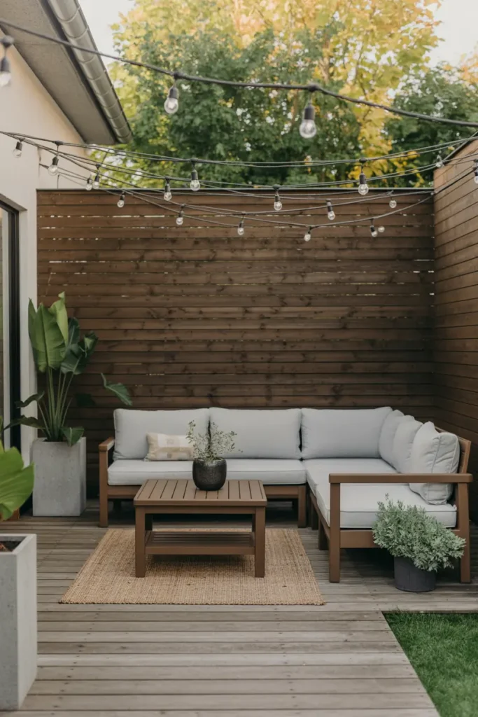 20 Dreamy Outdoor Escapes Cozy Patios and Pergola Ideas 41 17. Minimalist Wooden Deck with String Lights and Neutral Seating