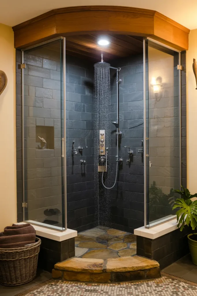 17. Rustic Slate Corner Rain Shower