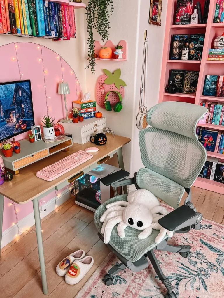 Cozy Home Gaming Setup with Library 