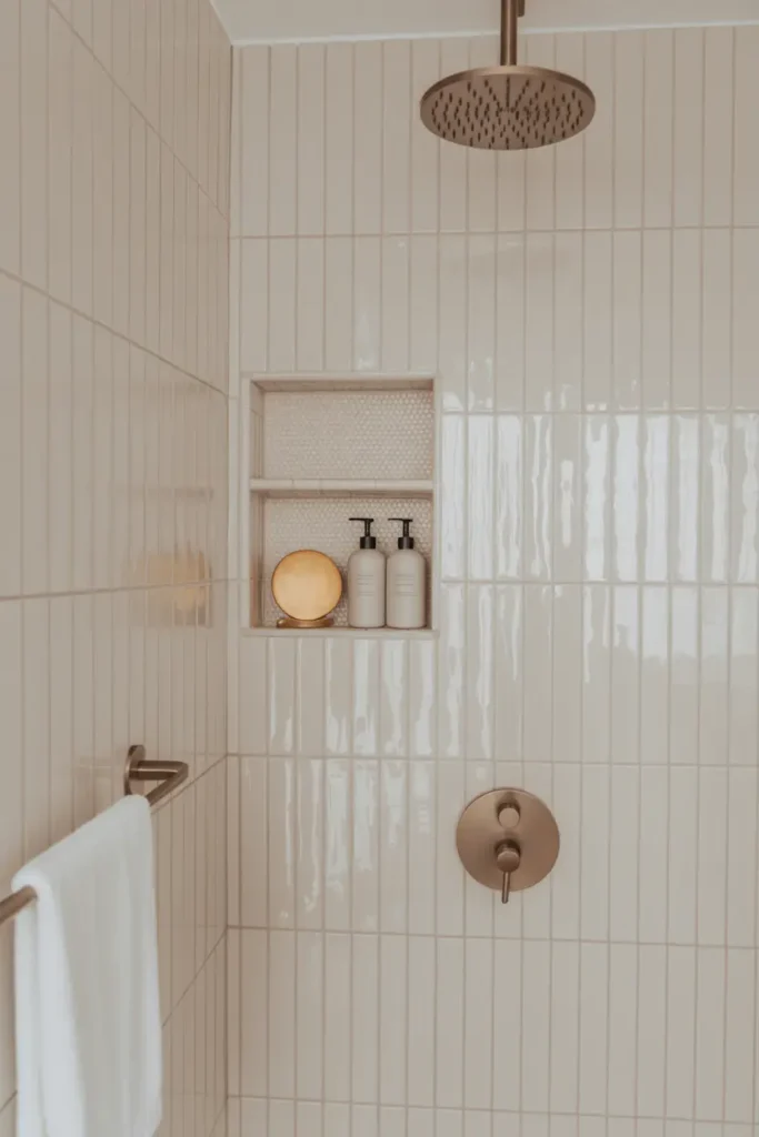 20 Dream Bathroom Designs to Refresh Your Interior 43 18. Creamy Beige Bronze Rainfall Niche