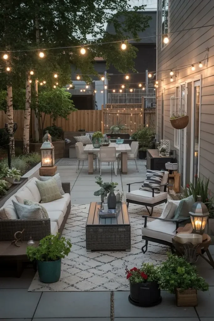 20 Dreamy Outdoor Escapes Cozy Patios and Pergola Ideas 43 18. Evening Garden Patio with String Lights and Cozy Seating