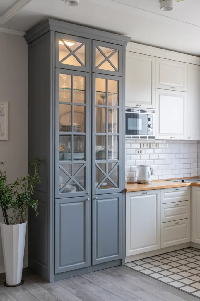 18. Gray Glass Front Dish Cabinet