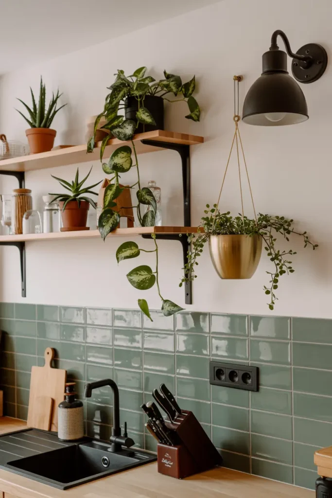 18. Green Tile Plant Led Kitchen Nook