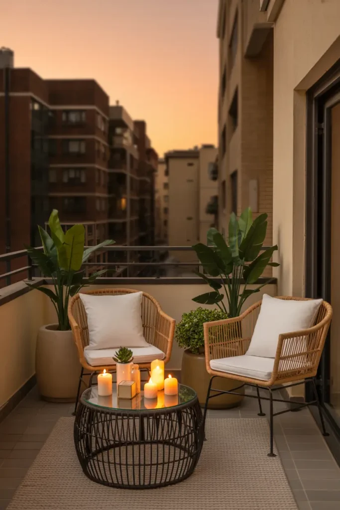 18. Sunset Balcony Glow with Wicker Chairs