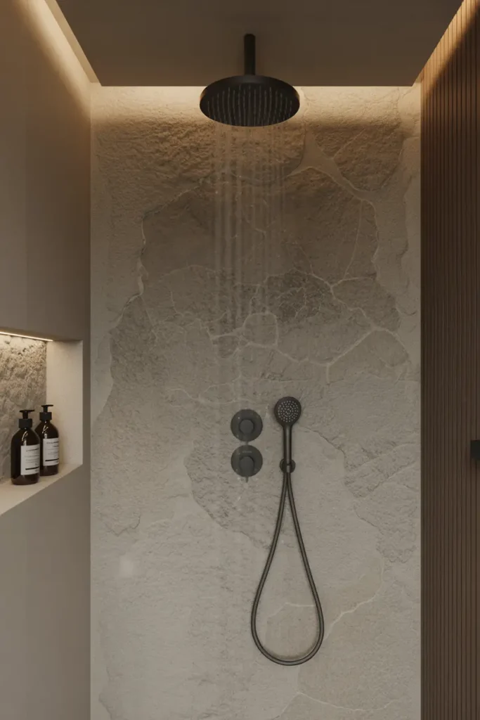 18. Warm Oak Minimalist Glow Bathroom