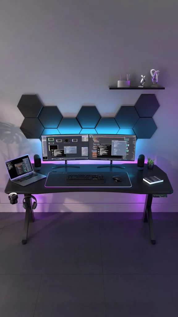 Sleek Black Gaming Desk with LED Strip Lighting