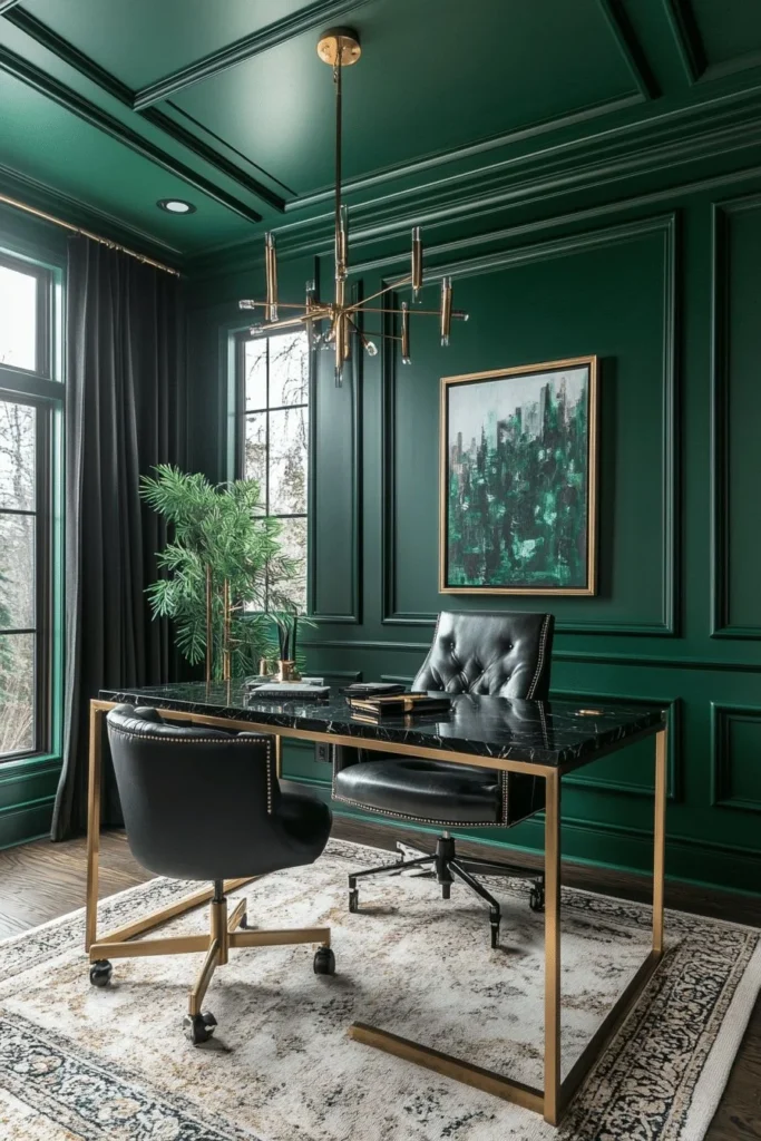 Contemporary Home Office with Black Desk and Green Accents