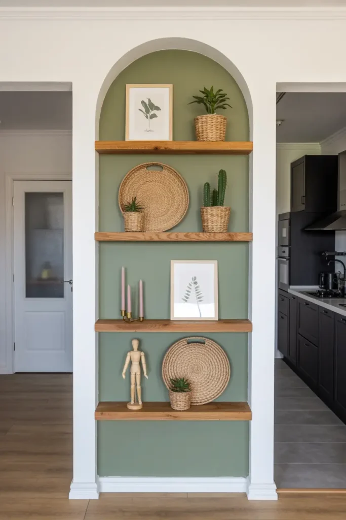 20 Cozy Modern Living Inspirations with Easy Living Room Ideas 45 19. Green Arched Niche Shelf