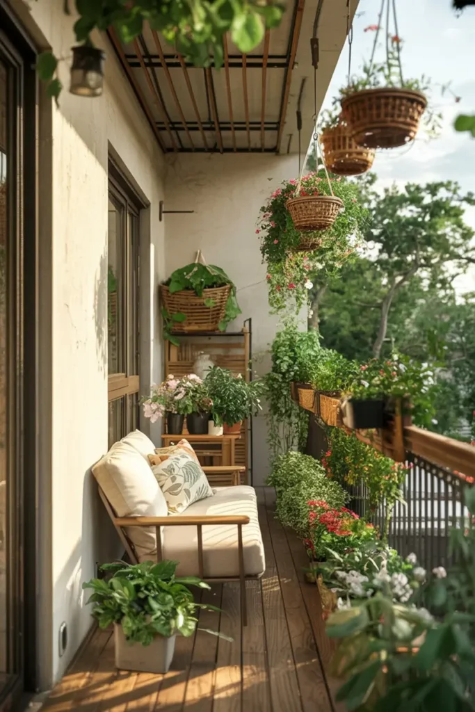 19. Lush Hanging Garden Balcony with Wooden Bench