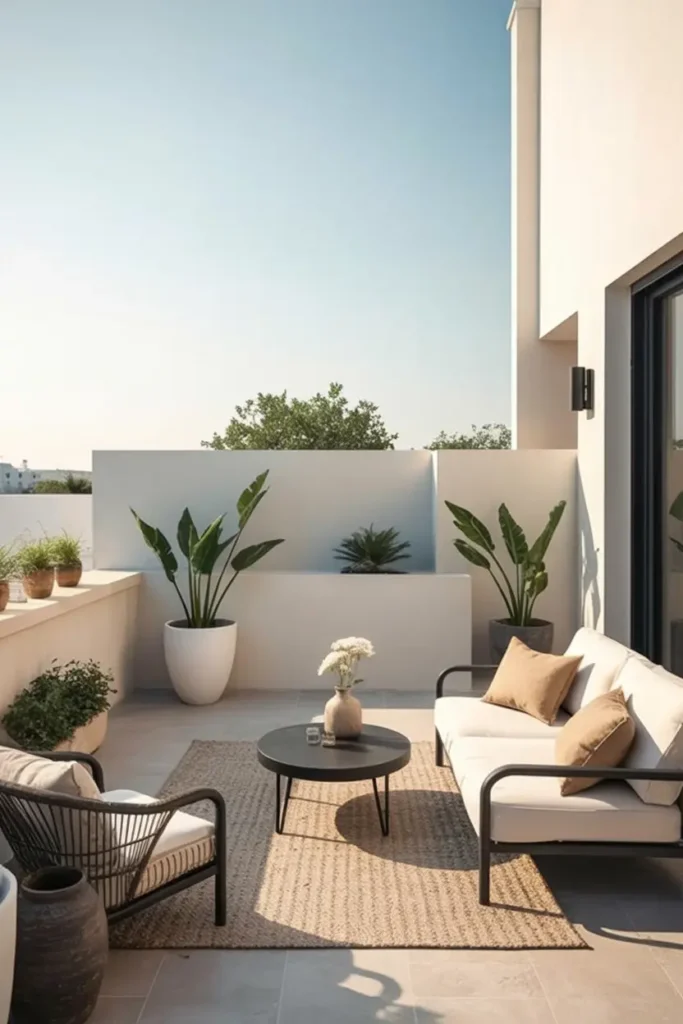20 Dreamy Outdoor Escapes Cozy Patios and Pergola Ideas 45 19. Serene Rooftop Terrace with Minimalist Seating and Potted Plants