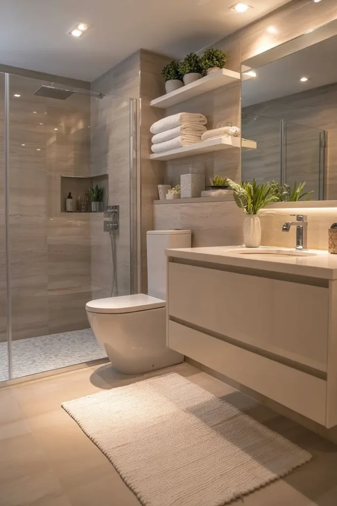 20 Dream Bathroom Designs to Refresh Your Interior 45 19. Warm Taupe Floating Serenity