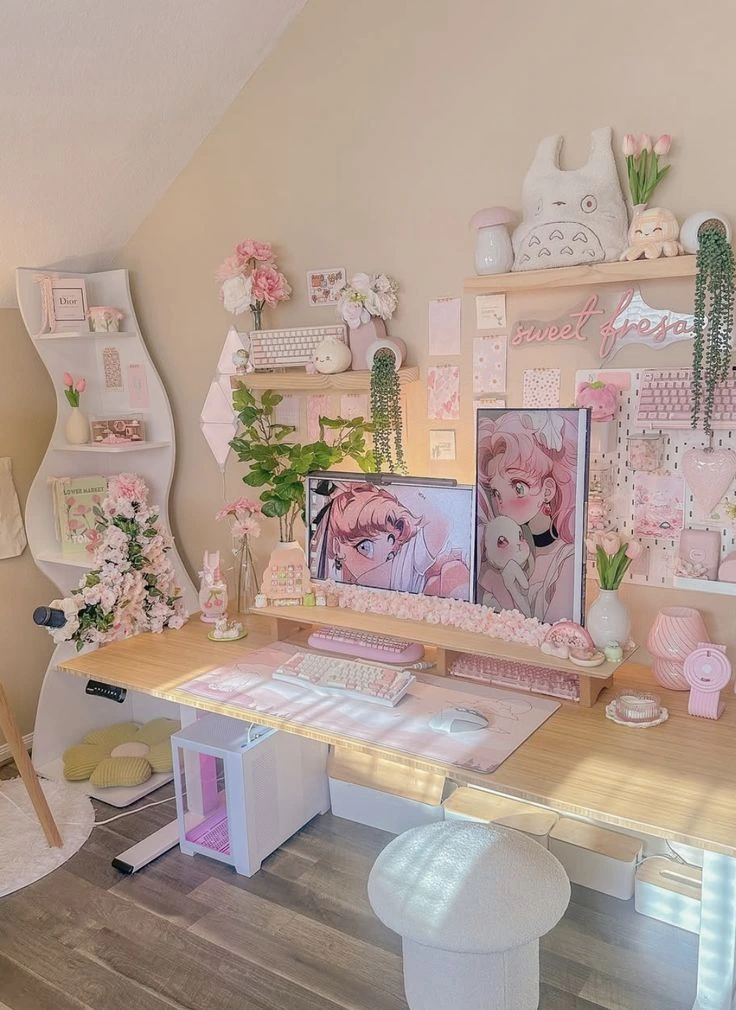 Cozy Gaming Setup with Pink Floral Décor