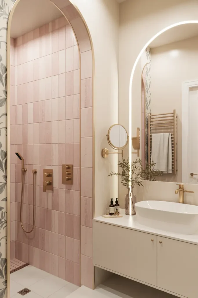 2. Blush Pink Arched Elegance Bathroom