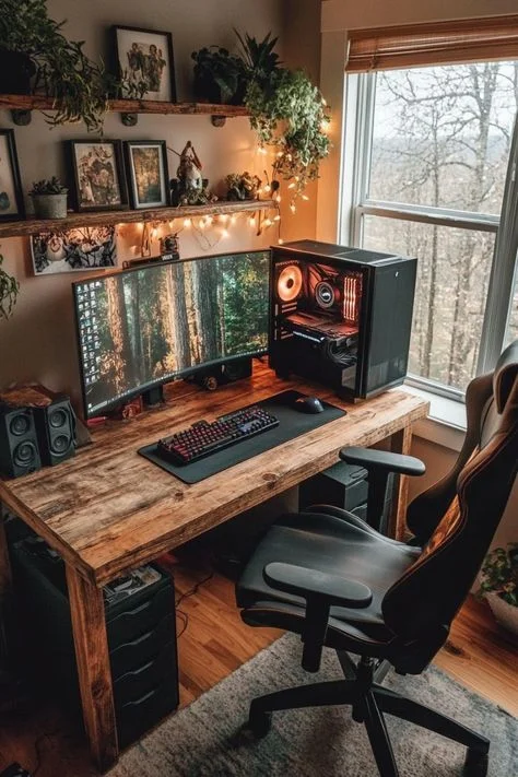 Rustic Gaming Setup with Bookshelves