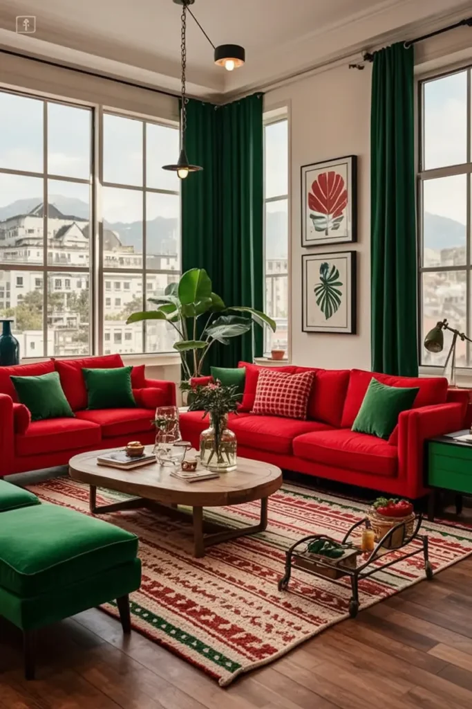 20. Bold Red and Green Living Room