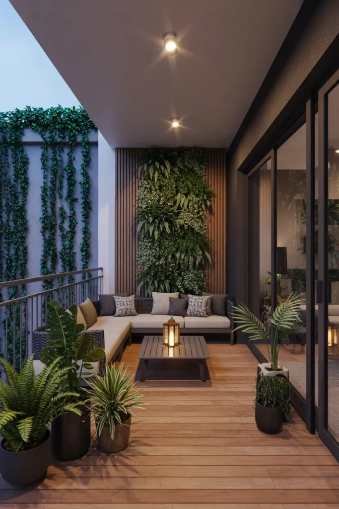 20. Evening Balcony Oasis with Vertical Garden