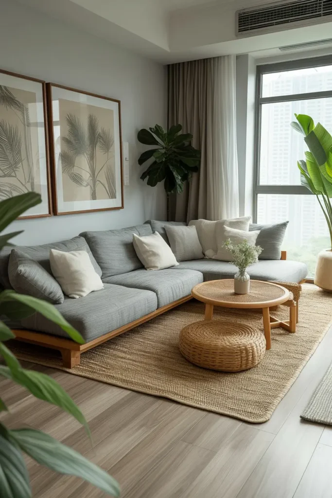 20 Stylish Living Room Ideas for Cozy & Modern Homes 47 20. Japandi Gray Plant Lounge