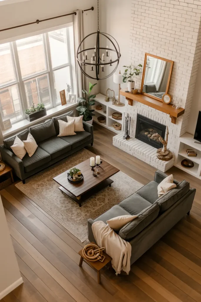 20. Rustic White Brick Fireplace Lounge