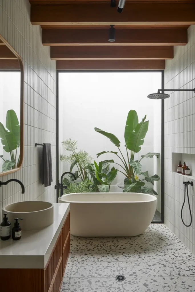 20 Dream Bathroom Designs to Refresh Your Interior 47 20. Tropical Atrium Terrazzo Soak