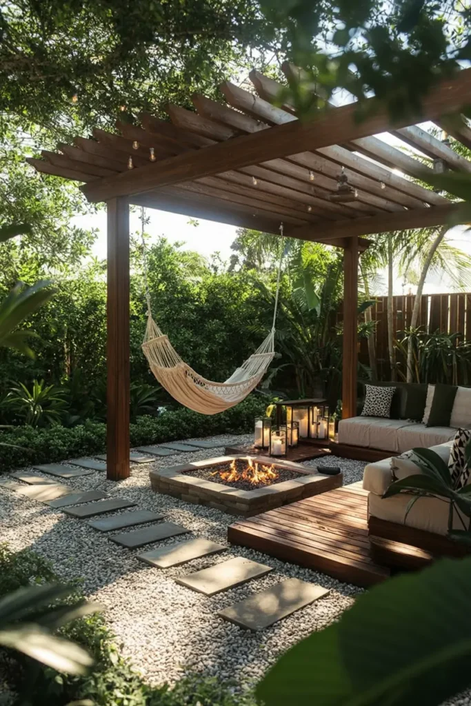 20 Dreamy Outdoor Escapes Cozy Patios and Pergola Ideas 47 20. Tropical Pergola Fire Pit Haven with Hammock and Lanterns