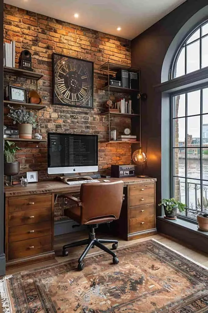 Rustic Home Office with Exposed Brick and Wooden Beams