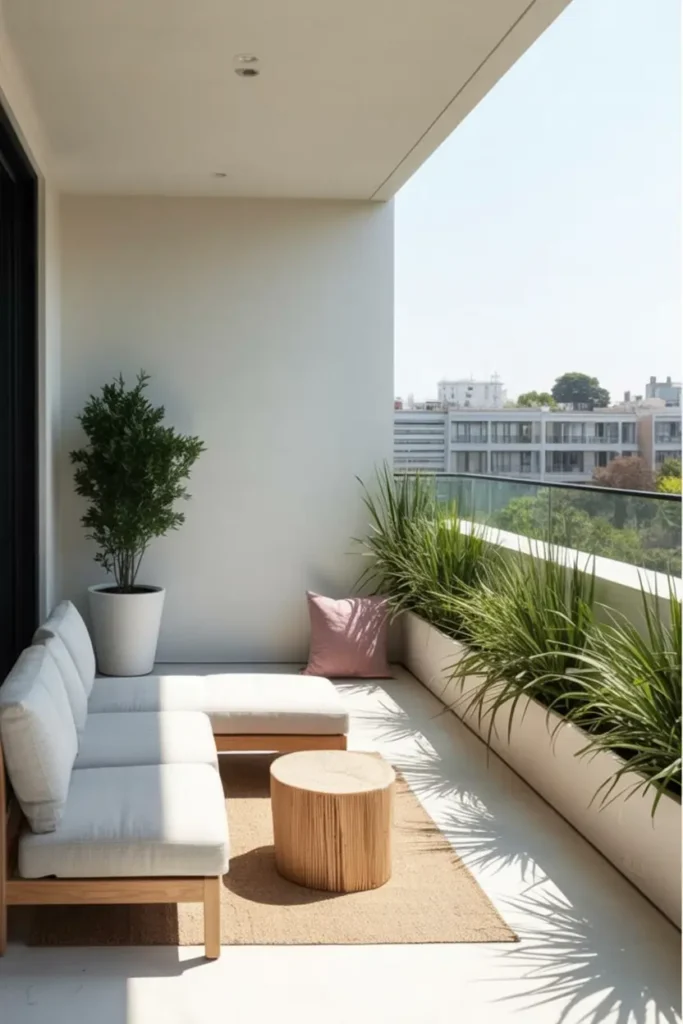 21. Minimalist Balcony Retreat with L Shaped Bench