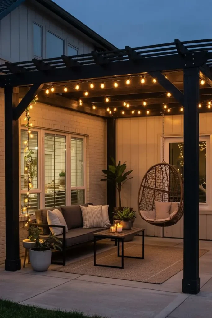 3. Cozy Pergola Patio with Hanging Egg Chair