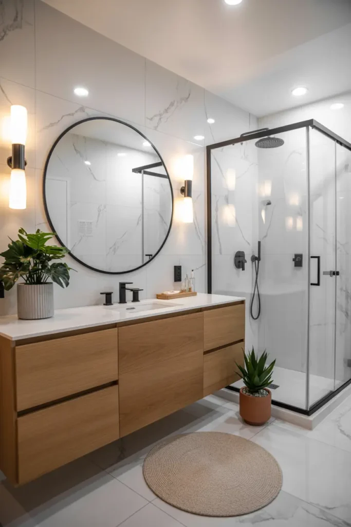 20 Dream Bathroom Designs to Refresh Your Interior 5 3. Luxe Marble Oak Sanctuary