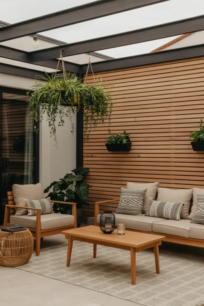 20 Dreamy Outdoor Escapes Cozy Patios and Pergola Ideas 5 3. Modern Covered Patio with Hanging Greenery