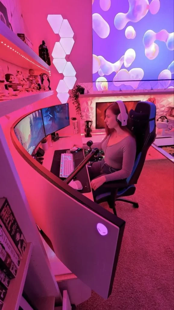 Cozy Pink Gaming Setup with Neon Lighting