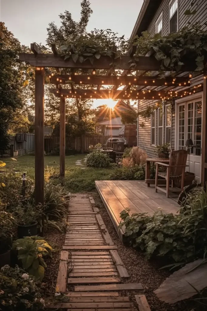 20 Dreamy Outdoor Escapes Cozy Patios and Pergola Ideas 7 4. Sunset Pergola Garden with String Lights