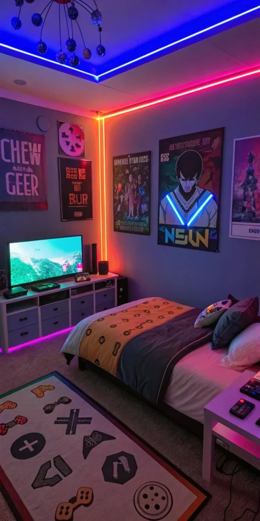 Modern Gaming Bedroom with Neon Accents