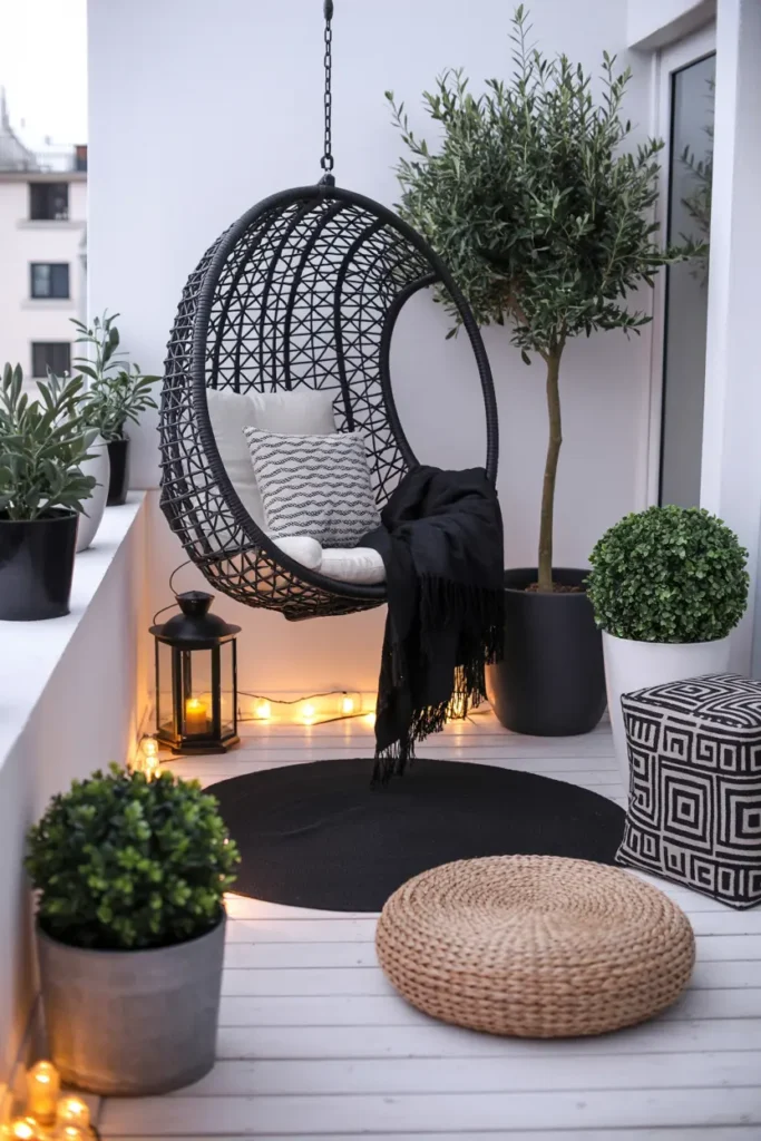 20 Dreamy Outdoor Escapes Cozy Patios and Pergola Ideas 9 5. Chic Balcony Retreat with Hanging Egg Chair