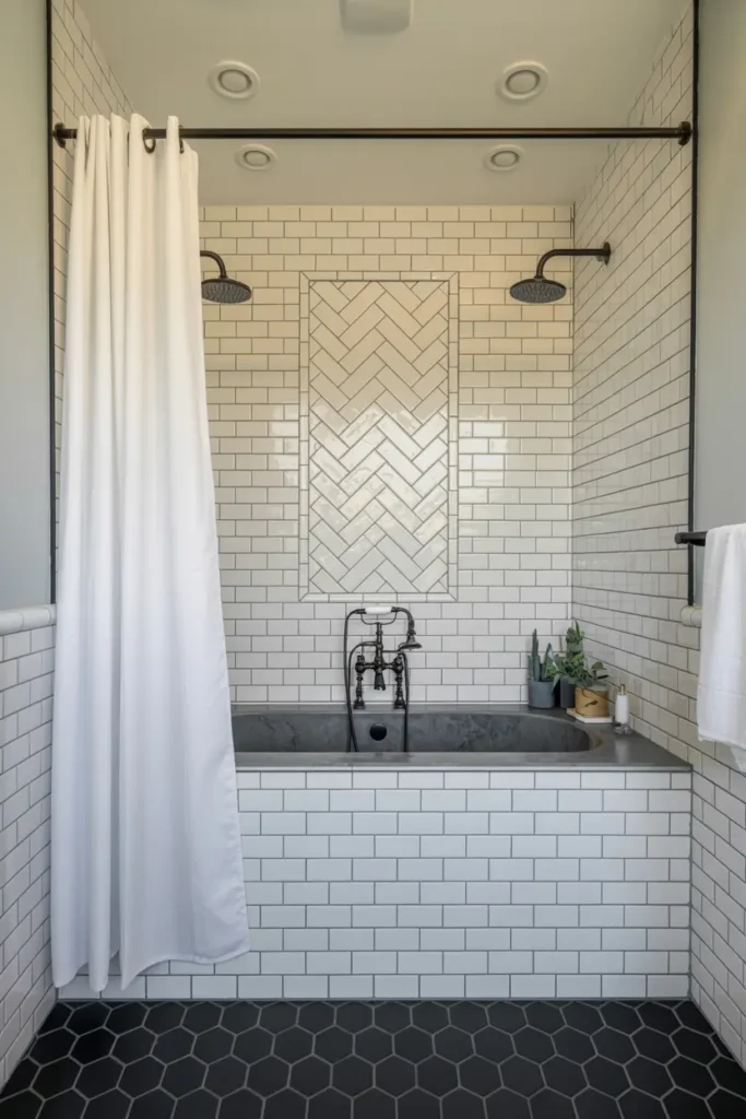 5. Monochrome Herringbone Vintage Tub Retreat