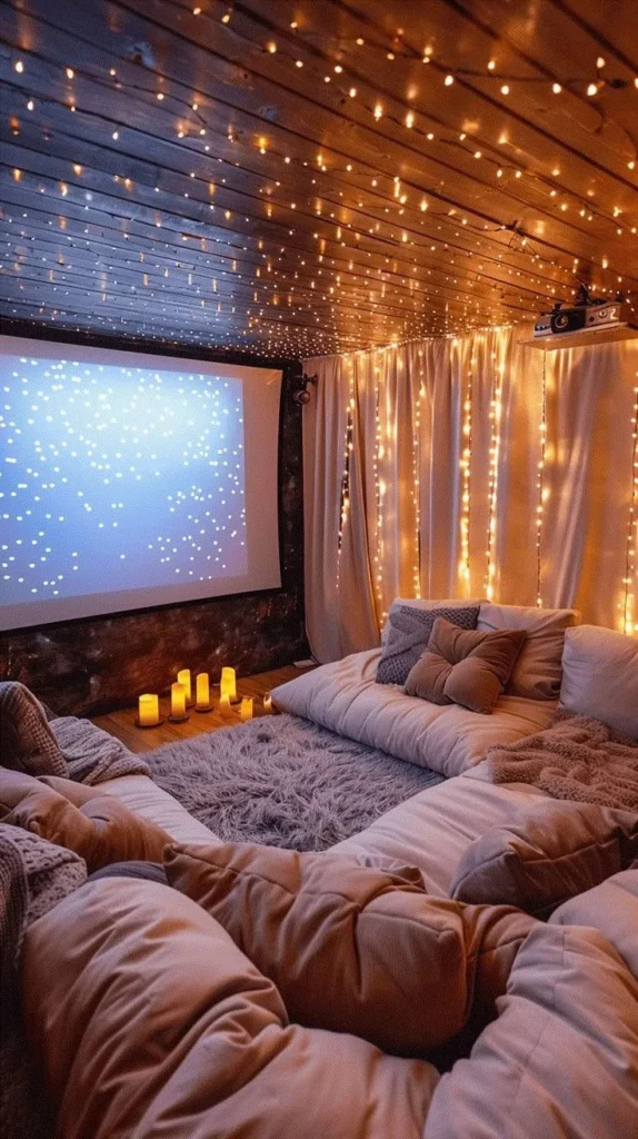 Cozy Movie Night Room with String Lights