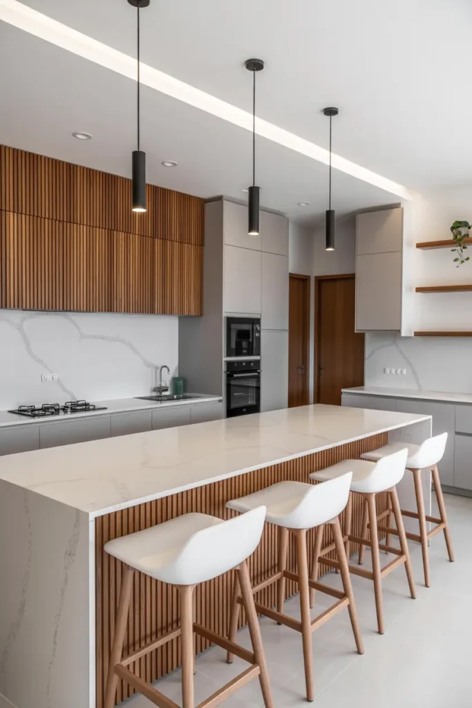 6. Contemporary Wooden Slat Kitchen Island